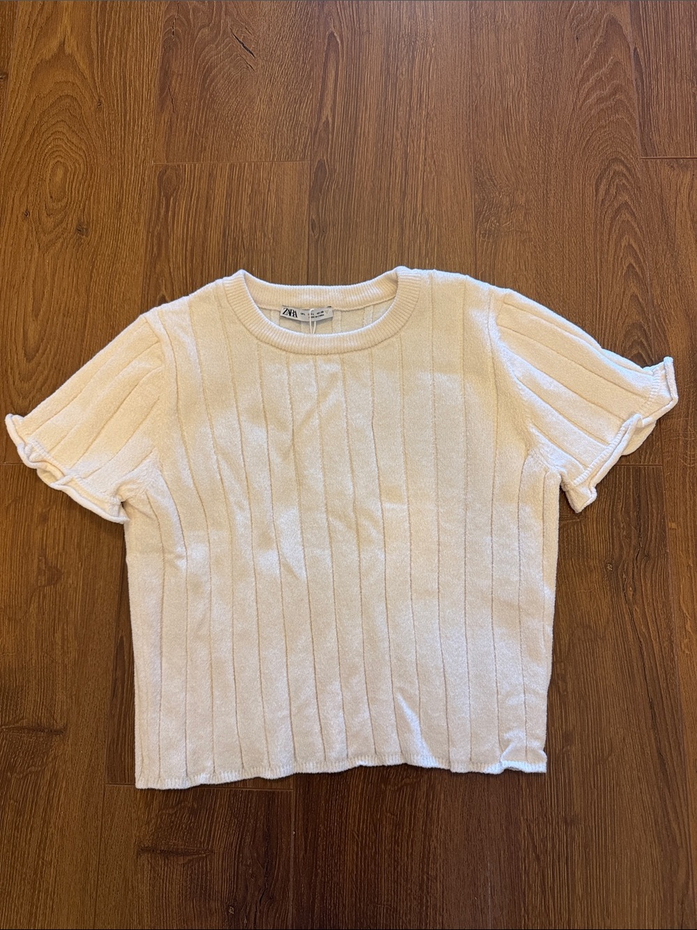 Zara Ribbed Short Sleeve Knit Top in Light Cream